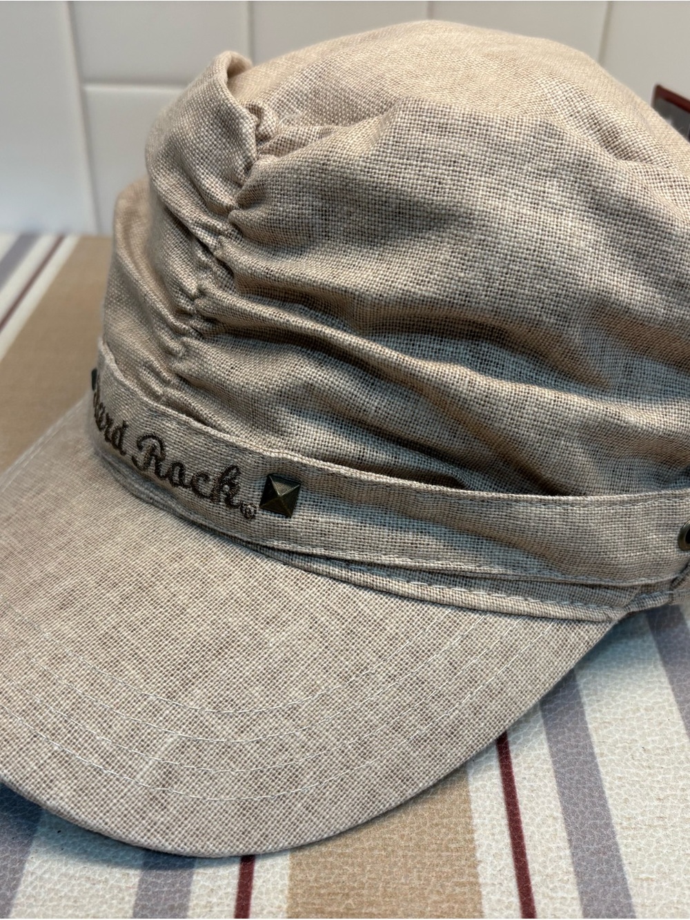 Hard Rock Cafe tan cadet cap with stud detail
